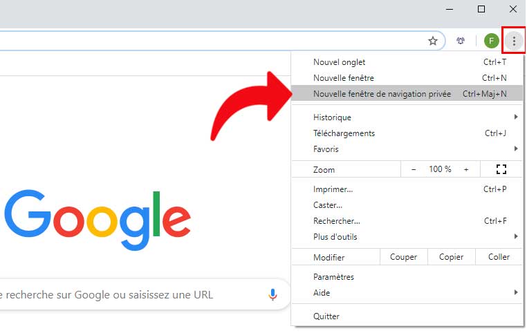 Photo du menu déroulant de navigation privée sur un navigateur internet