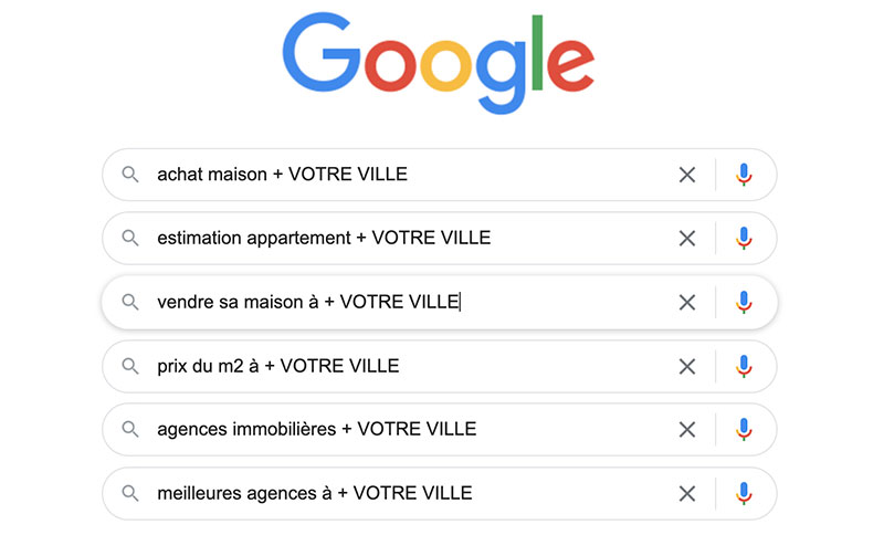 Photo du moteur de recherche Google avec mots Agences immobilières
